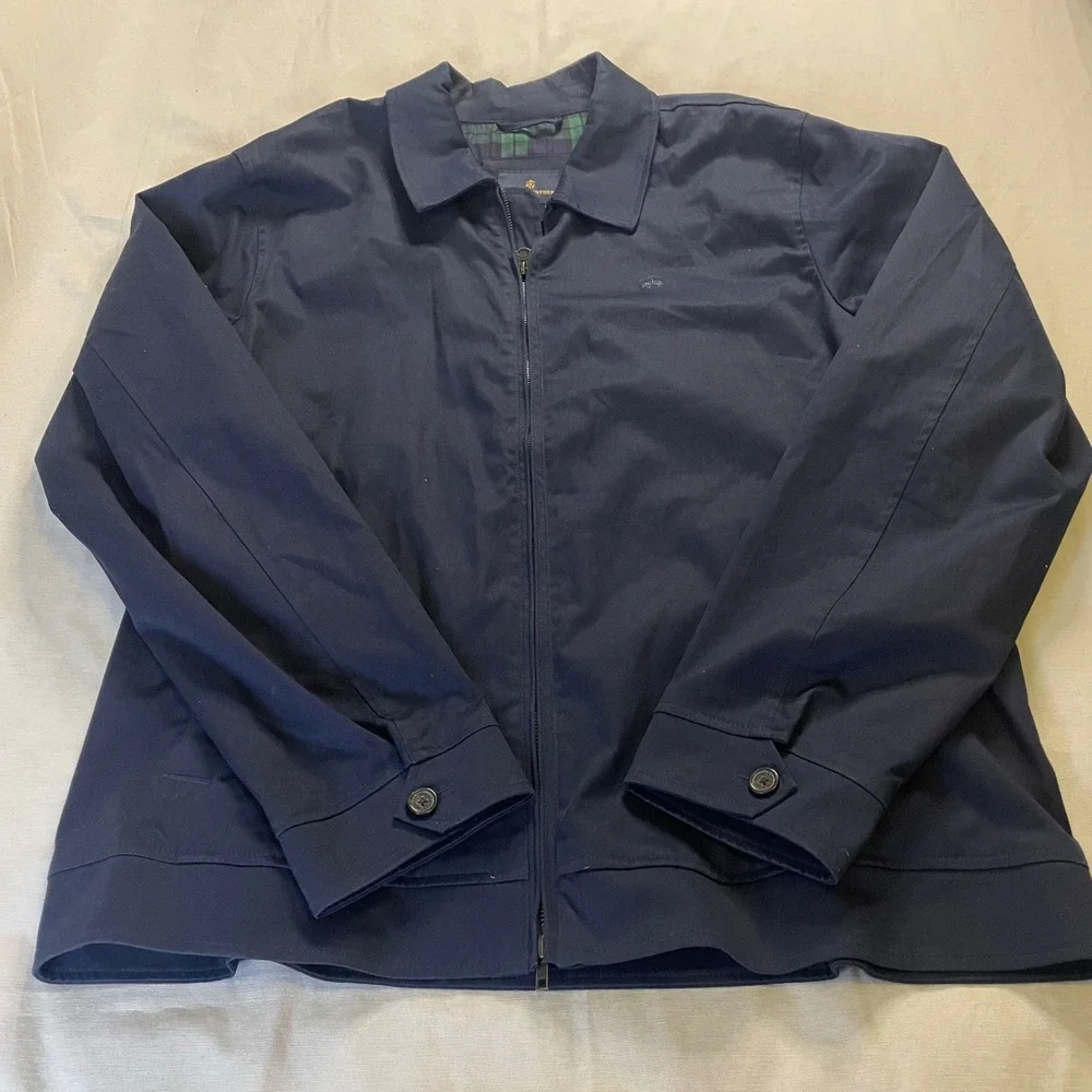 Brooks Brothers Jacket Mens XL Navy Blue Harrington Plaid Lined Full Zip Cotton
